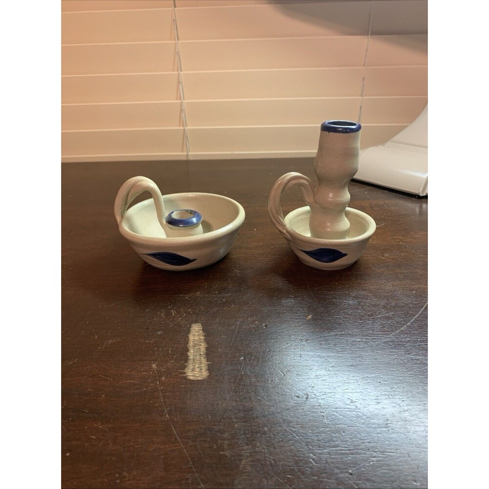 2 VTG Williamsburg Salt Glazed POTTERY Factory CANDLE HOLDER w/ Handle 1992